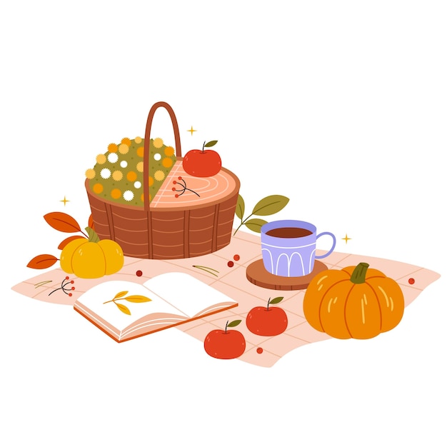 Vector autumn picnic basket with fruits and chrysanthemums on a blanket pumpkin coffee and a book cute autumn illustration