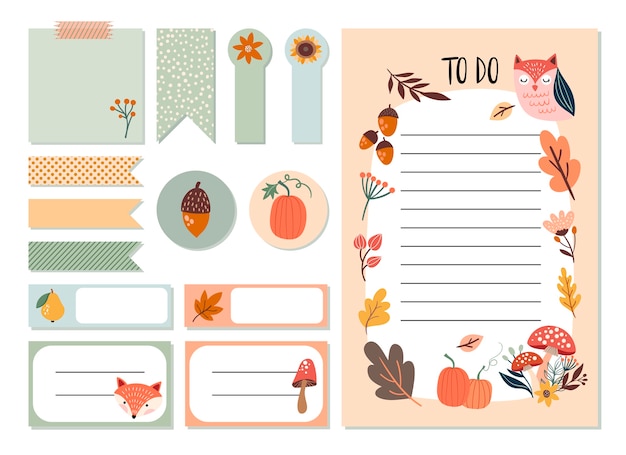 Vector autumn planner stickers set and to do list with cute seasonal elements, hand drawn design