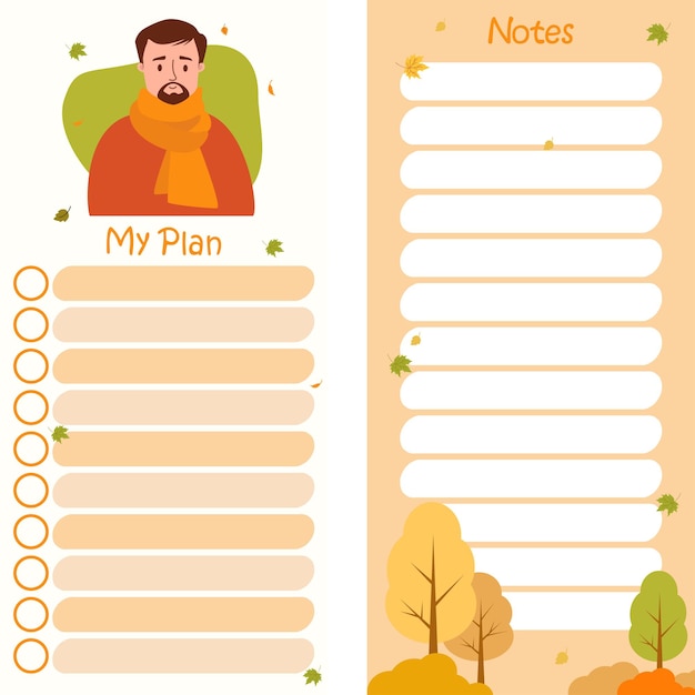 Autumn planner with man against background with an autumn landscape  My plan and notes Organizer