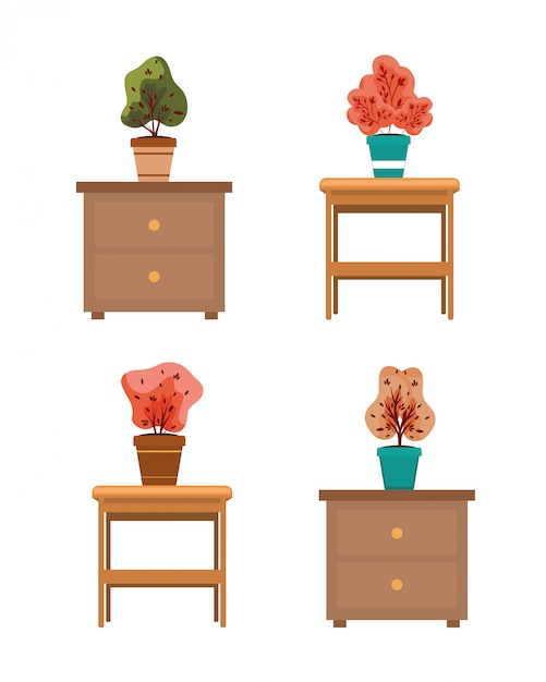 Vector autumn plants in ceramic pots over wooden drawers