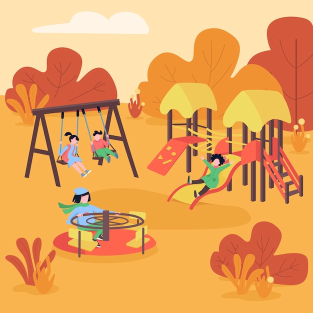 Autumn playground flat color . fall play area. kids having fun\
on swing and slide. outdoor amusement. children recreation area 2d\
cartoon characters with forest on background