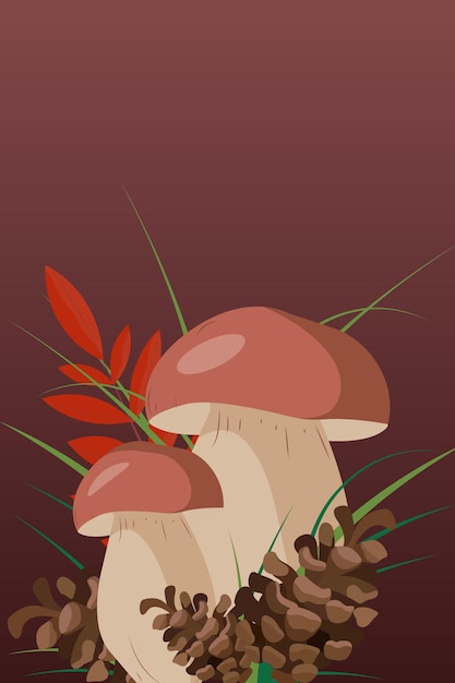 Vector autumn postcard of mushrooms in the grass and pine cone. autumn, nature, fall concept. autumn harves