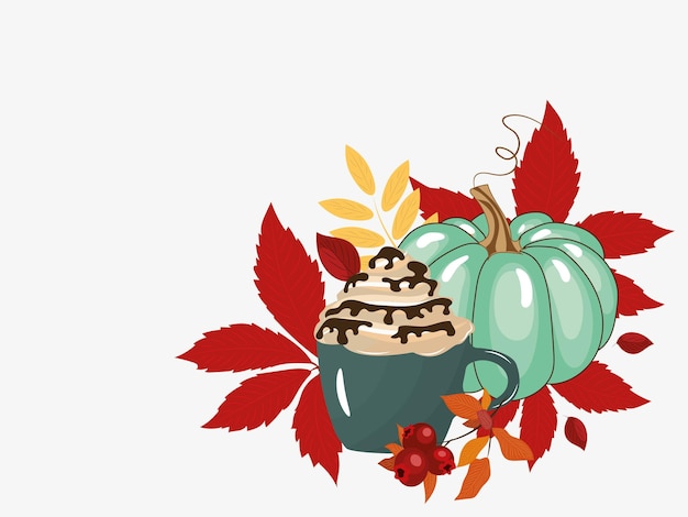 Autumn postcard. Pumpkin. Autumn coffee. High quality vector illustration.
