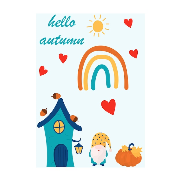 autumn postcard with gnome and fairy house