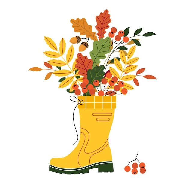 Autumn postcard with a rubber boot and leaves