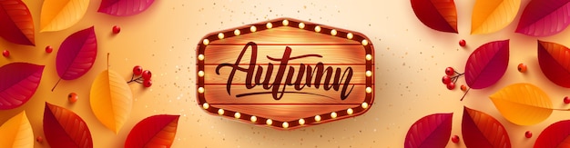 Autumn poster and banner template with autumn colorful leaves on yellow background