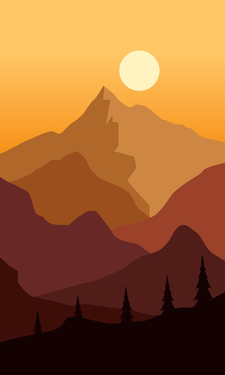 Vector autumn poster of panoramic view silhouette orange mountain autumn at sunrisevector illustration design