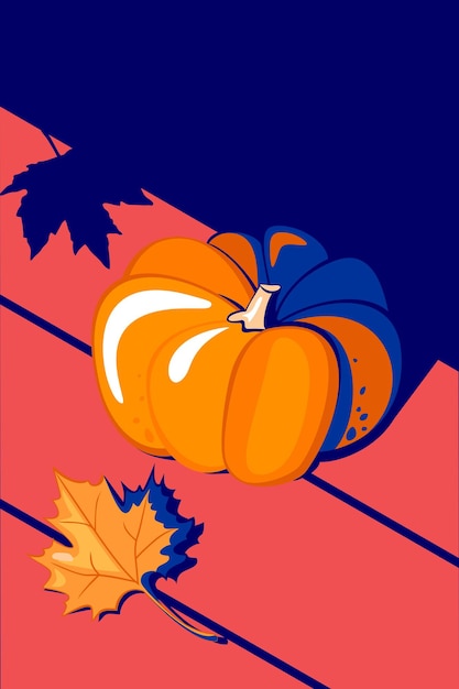Вектор Осенний плакат. тыква на столе и листья клин. декоративная иллюстрация. вектор премиум