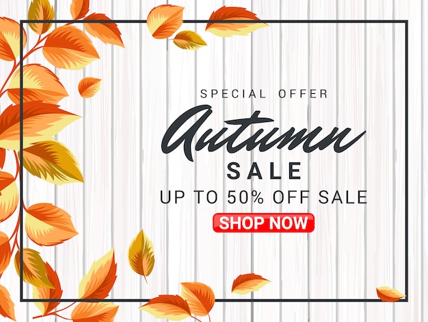 Autumn poster sale illustration with wooden surface