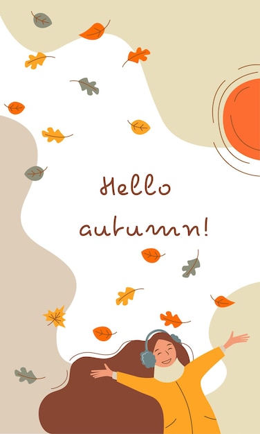벡터 젊은 여성이 있는 가을 포스터는 낙엽을 즐겼습니다.