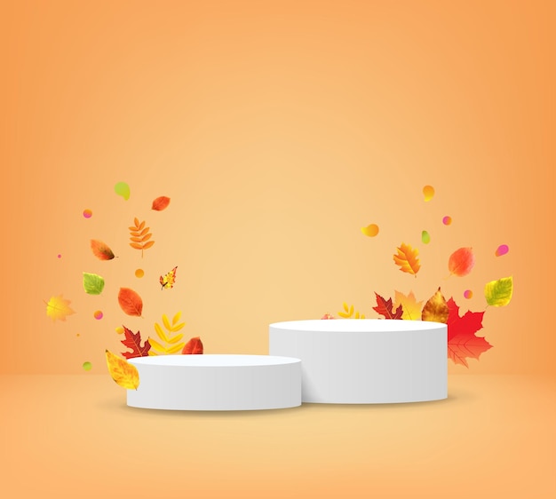 Осенний плакат с листьями и подиумом с векторной иллюстрацией градиентной сетки