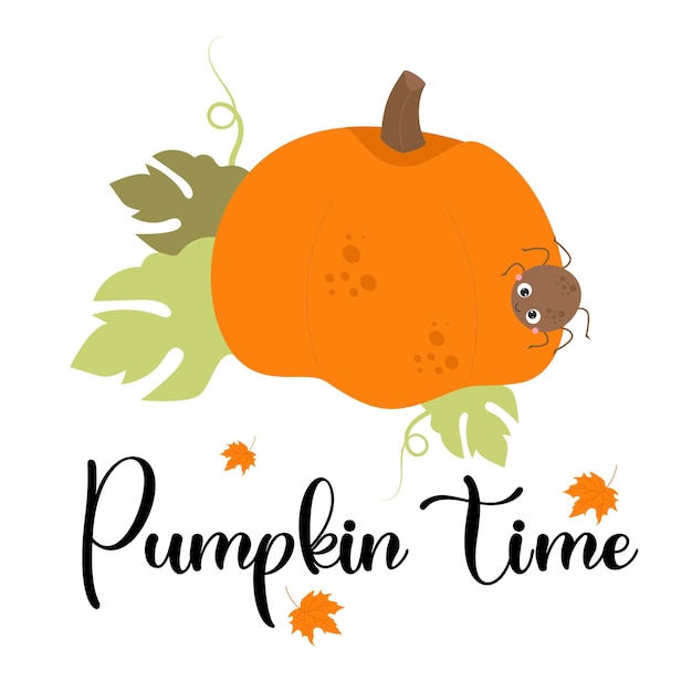 Осенний плакат с оранжевой тыквой и милым пауком осенний овощ и слоган время тыквы