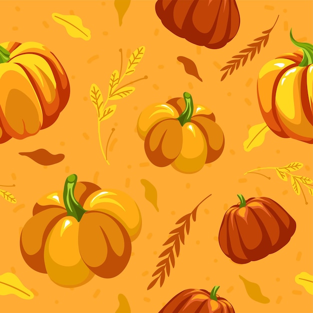 Autumn print pumpkins and leaves seamless pattern