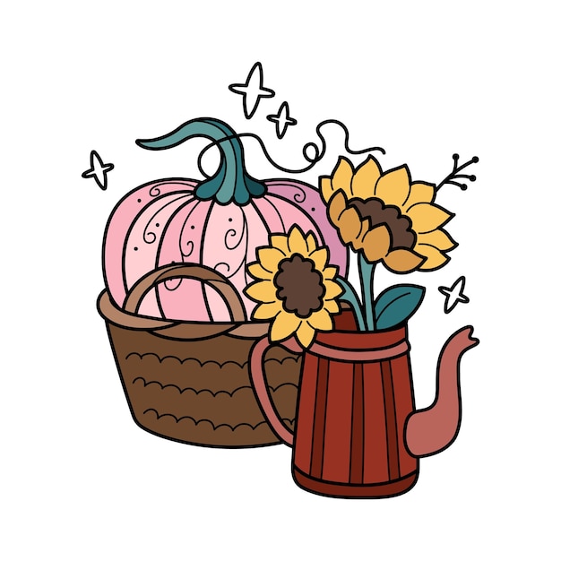 Vector autumn pumpkin in basket and sunflowers in vintage teapot cute hand drawn illustration