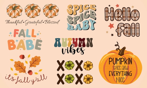 Vector autumn pumpkin quote design bundle, cute fall illustration t-shirt design collection