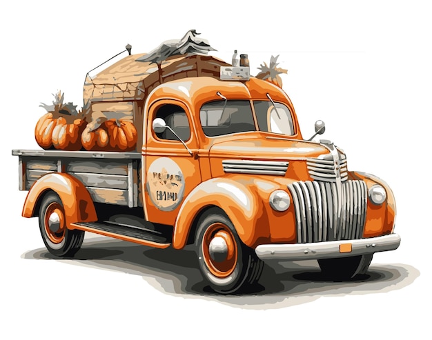 Autumn pumpkin truck watercolor ornament vector illustration