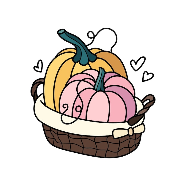 Vector autumn pumpkins in basket sute hand drawn illustration adorable kawaii composition