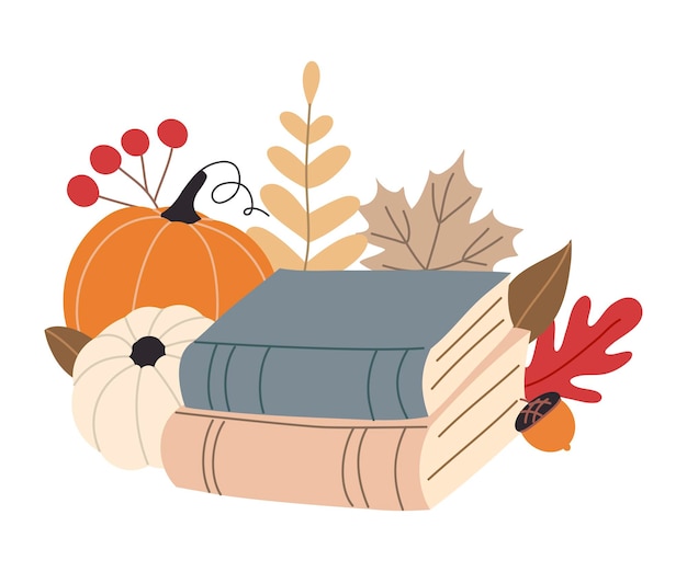 autumn pumpkins forest leaves books isolated on white background