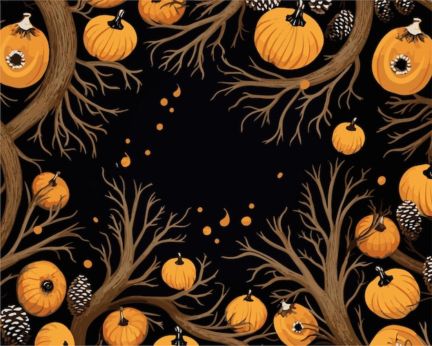 Autumn pumpkins and tree branches on a black background Fall colors vector illustration copy space