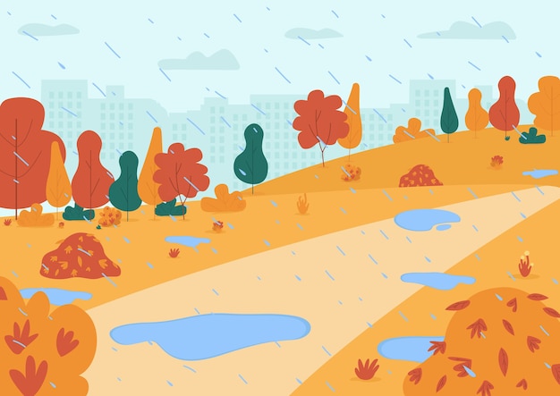 公園のセミフラットイラストの秋の雨。家族の活動のための水たまりのあるシティガーデン。大雨の町の中心部。商業用の秋の季節の2d漫画の風景
