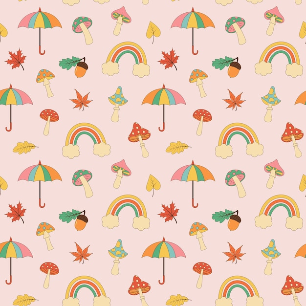 Autumn retro groovy seamless pattern Hippie mushrooms fall leaves acorn umbrella and rainbow