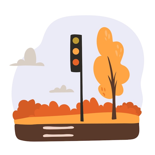 Vector autumn road with a crosswalk and traffic lights