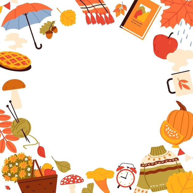 Vector autumn round frame flat vector illustration on white background