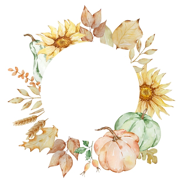 Autumn round frame of watercolor pumpkins and sunflowers