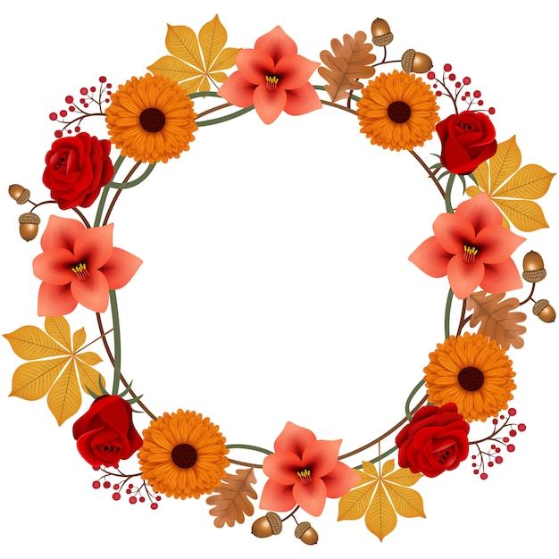 Autumn round frame with flowers and leaves