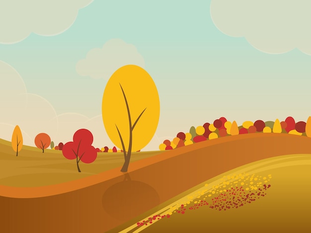 Autumn rural landscape background with yellow trees in fields and hills. vector illustration.