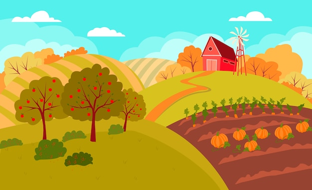 Вектор Осенний сельский пейзаж с холмами и полями