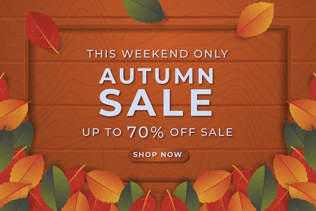 Fondo dell'insegna di vendita di autunno con la foglia e la struttura. offerta speciale fino al 70%. vettore premium