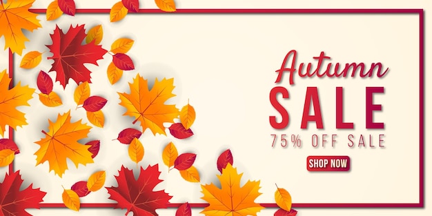 葉と秋の販売バナーの背景。 75％までの特別オファープレミアムベクター