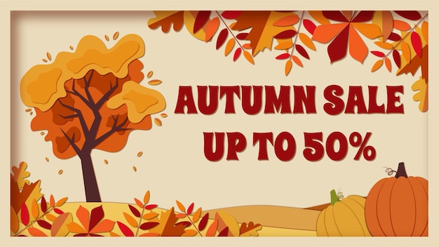 Autumn sale banner design with autumn leaves in the paper cut style