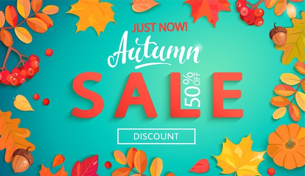 Banner di vendita autunnale in cornice di foglie autunnalipromo grande sconti con foglie colorate bacche di sorbo ghiandezucca per la promozione dello shopping stagionalevolantini webmodello per cartepubblicizzaillustrazione vettoriale