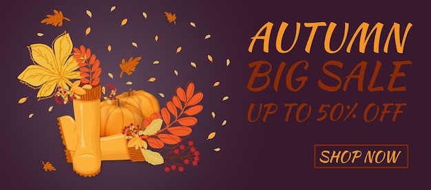 Banner di vendita autunnale ciao autunno stivali di gomma con foglie autunnali zucche