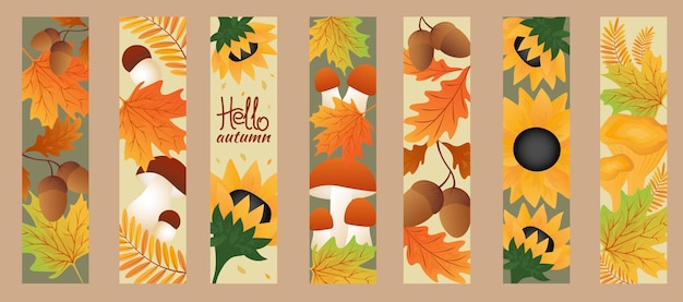 Banner di vendita autunnale ciao autunno imposta i segnalibri autunnali foglie di acero foglie di sorbo foglie di quercia ghiande girasole e funghi