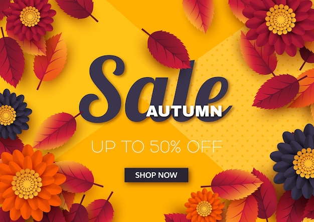 Autumn sale banner with 3d leaves and flowers.  template for seasonal discounts