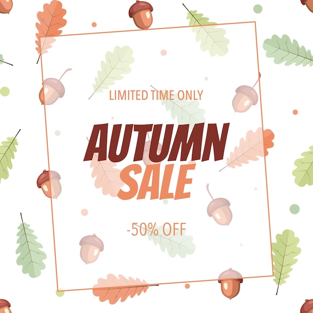 どんぐりとカラフルなオークの葉の秋の販売バナー