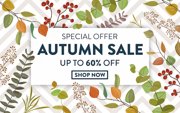 Insegna di autumn sale con le foglie di autunno variopinte