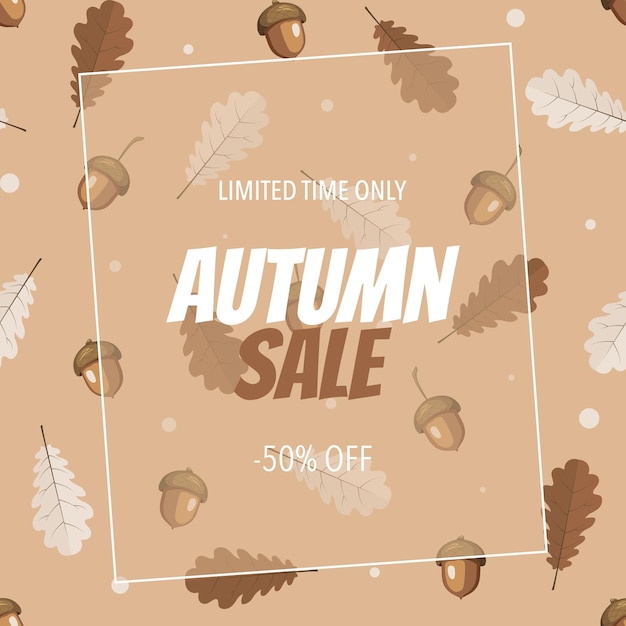 Autumn sale banner with colorful leaves acorns and text