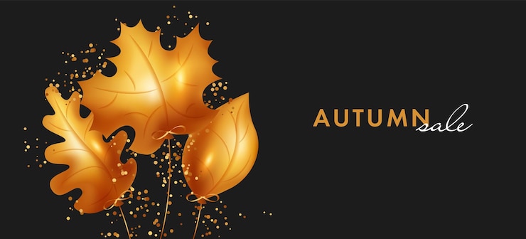 Vector autumn sale banner with gold balloons in form of autumn leaves shining sparkle golden helium balloon