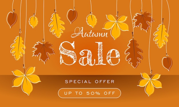 Autumn sale banner with hanging yellow and brown leaves on orange background