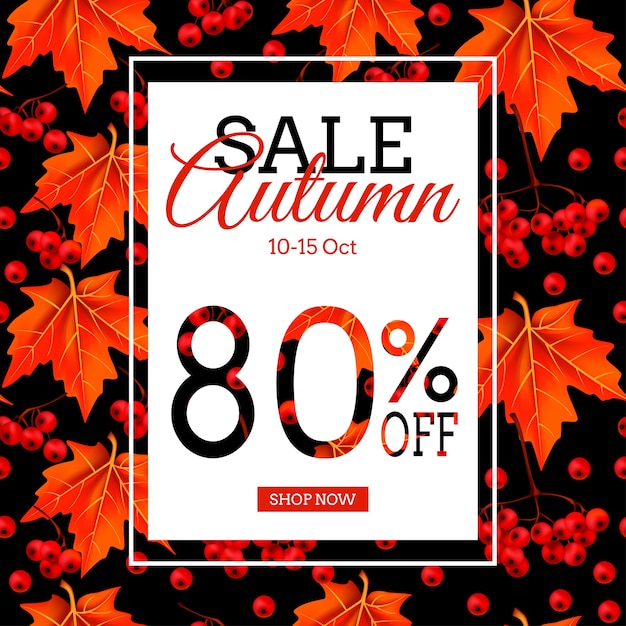 Autumn sale banner with leaves and berry pattern