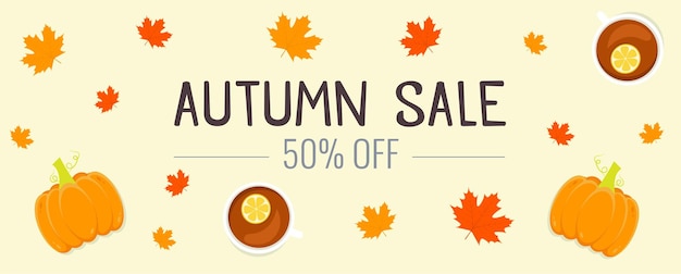 Autumn sale banner with pumpkin and maple leaf.