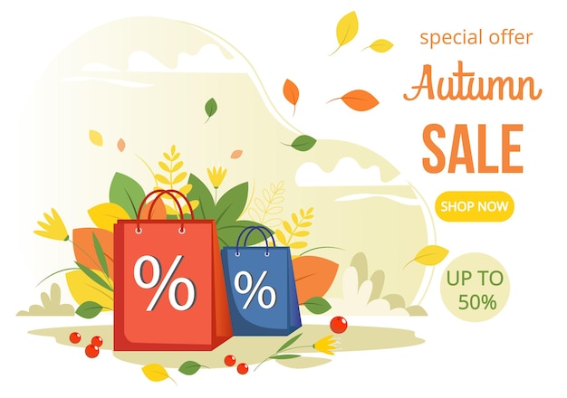 Autumn sale banner with shopping bags and autumn leaves on autumn background Landing page template