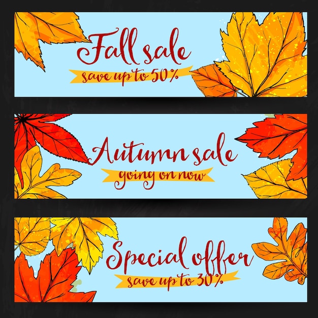 Vettore banner di vendita autunnale con foglie dorate e rosse. set di disegni vettoriali promozionali autunnali con arte disegnata a mano.