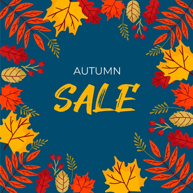 Autumn sale  beatiful leaves and berries on blue background vector seasonal template