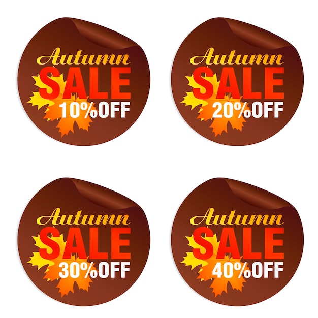 Autumn sale brown stickers set with autumn orange yellow leaves Autumn Sale 10 20 30 40 off