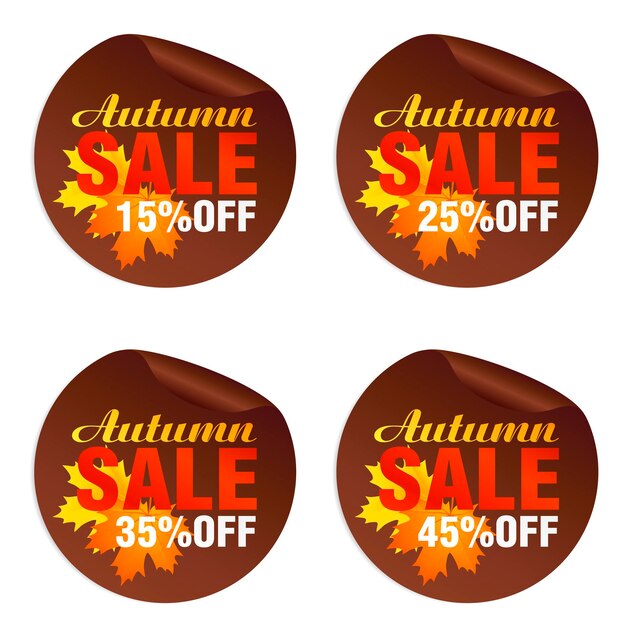 Autumn sale brown stickers set with autumn orange yellow leaves Autumn Sale 15 25 35 45 off